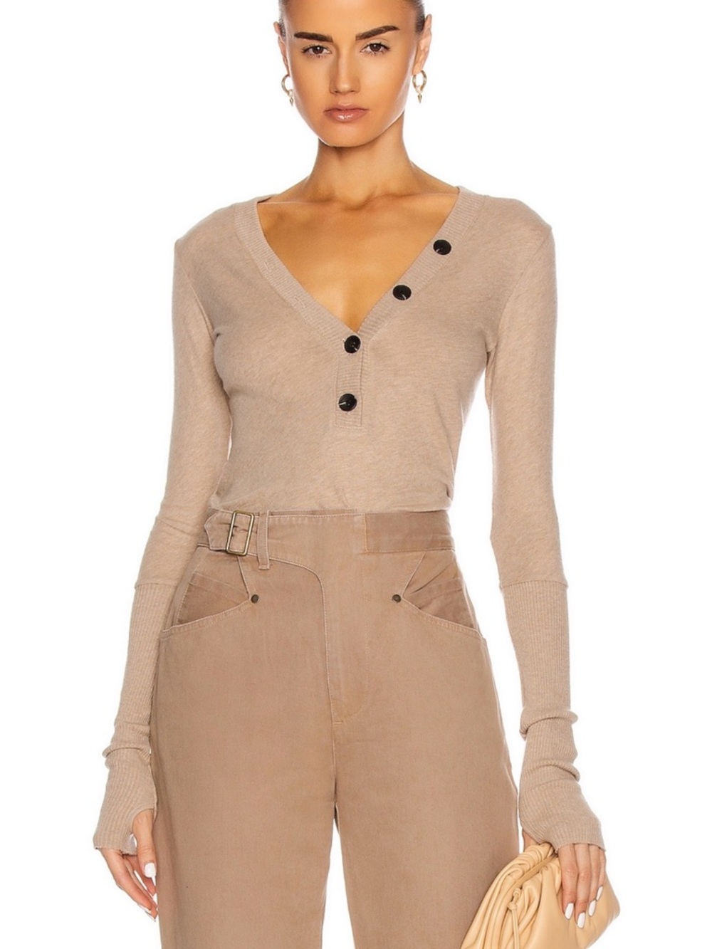 Enza Costa Long Sleeve Cuffed Cashmere Cotton Blend Henley Top Size XL in Khaki